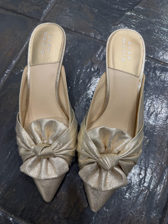 Alex Marie Shoes - Alex Marie Metallic Gold Bow Pointed Toe Kitten Heel Mules Size 8.5